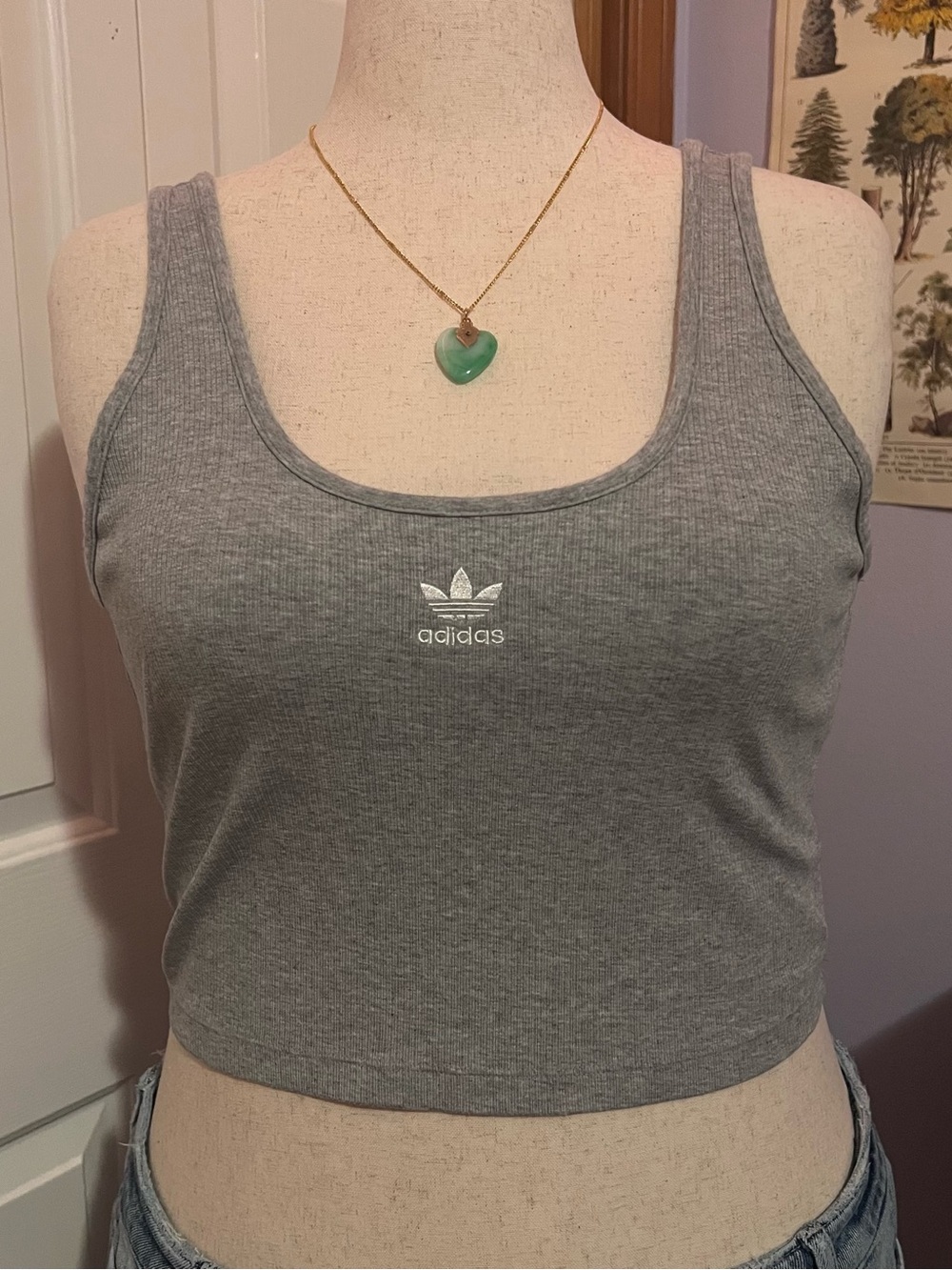 adidas Grey Ribbed Cropped Tank Top with Trefoil